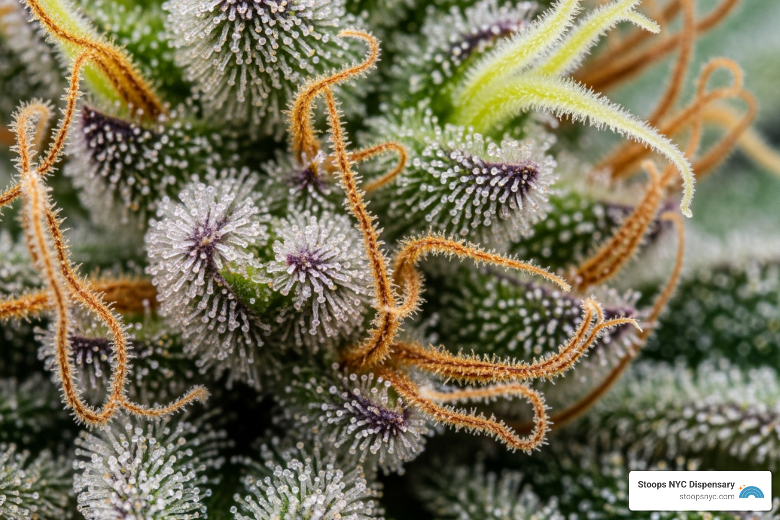 close-up of a cannabis flower showing trichomes and pistils - cannabis flower strains