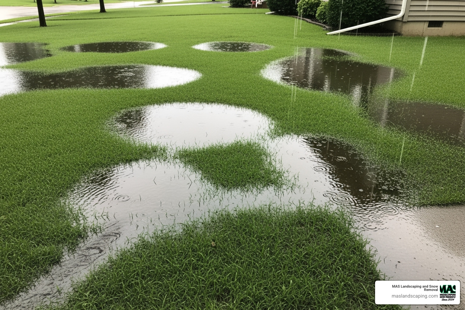 soggy yard with large puddles of standing water - landscape grading services near me