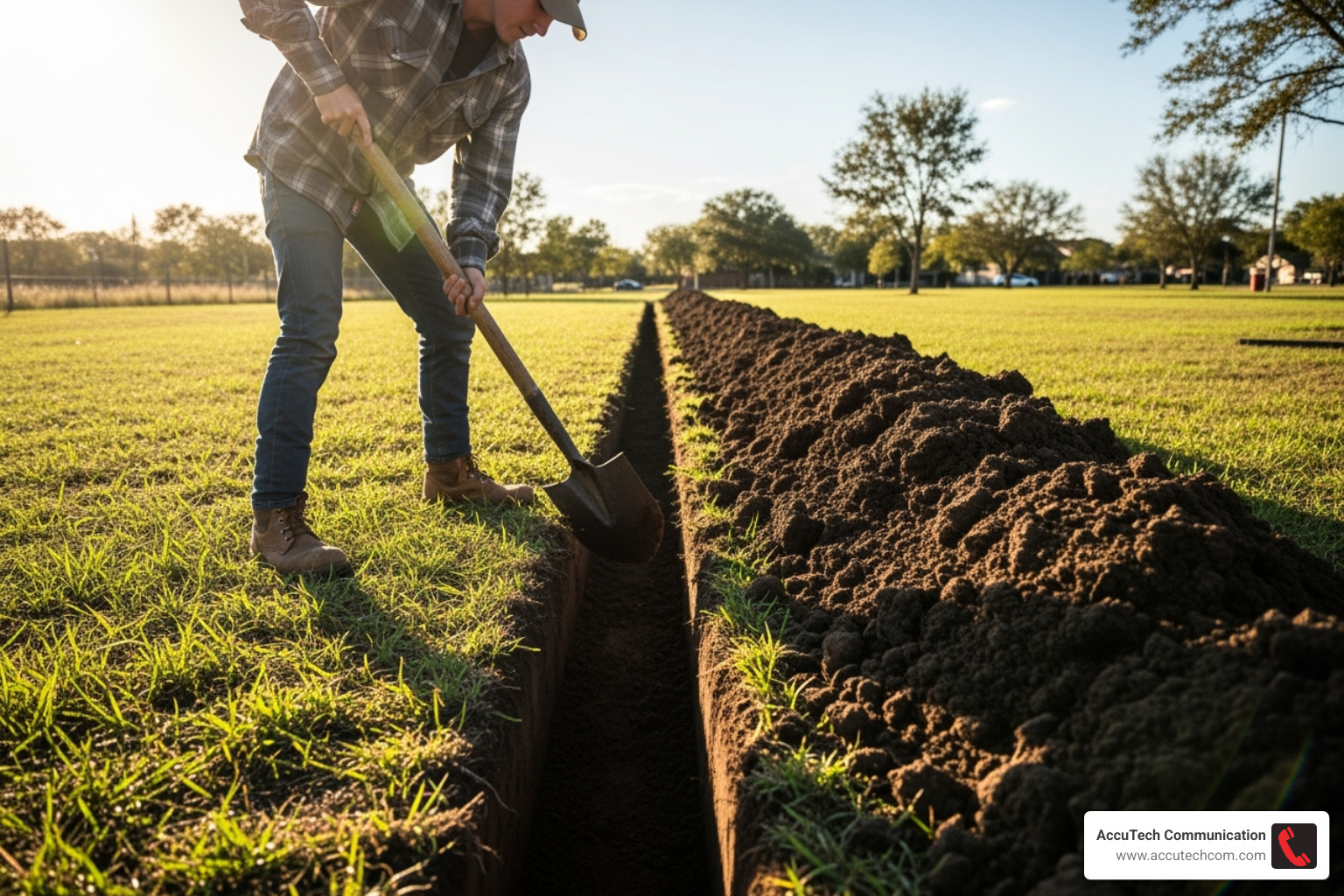 A person digging a neat, straight trench in a grassy area with a shovel - bury ethernet cable A person digging a neat, straight trench in a grassy area with a shovel - bury ethernet cable