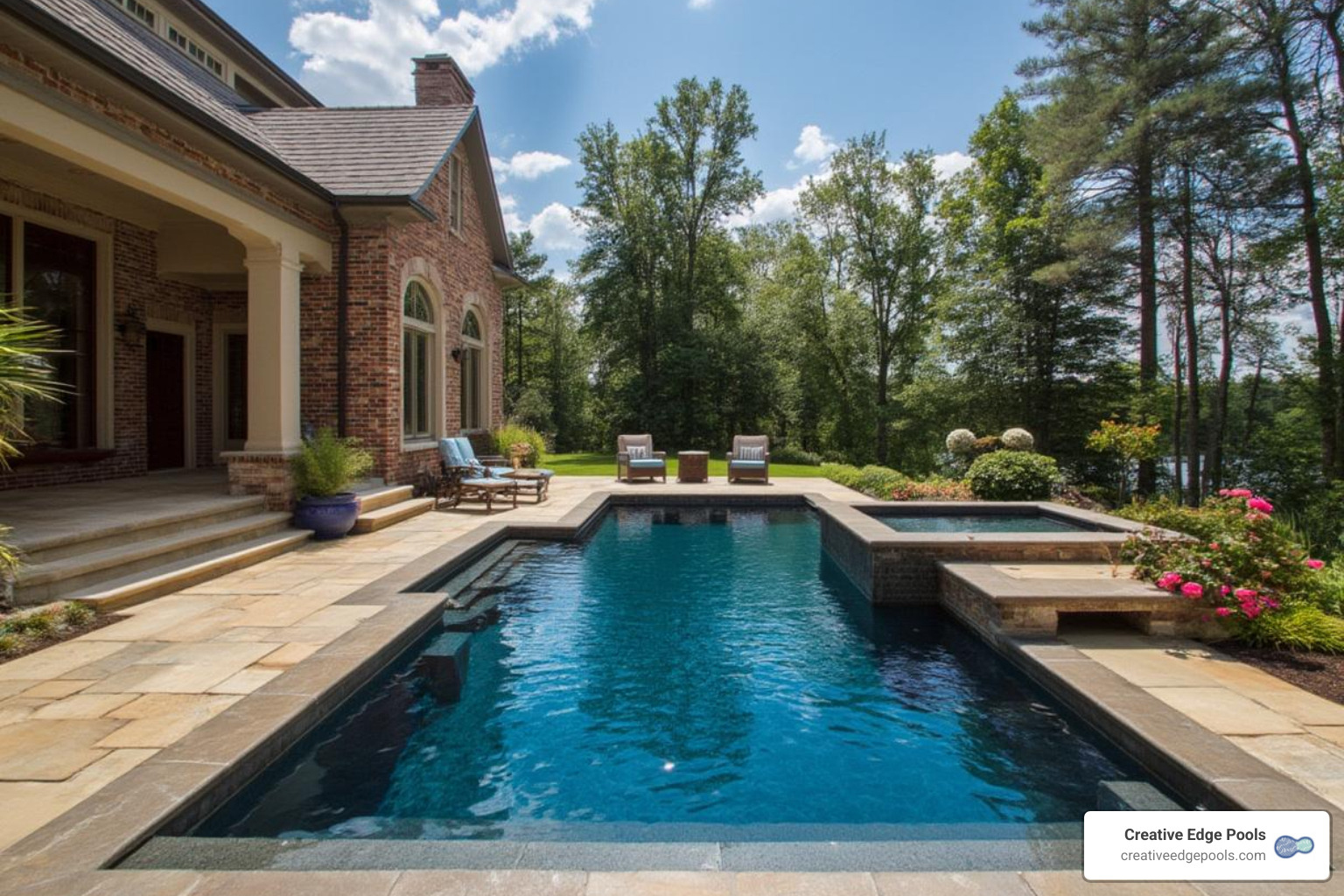 Stunning, fully integrated backyard with a custom pool, hardscaping, and an in-pool table - removable table kit for swimming pool