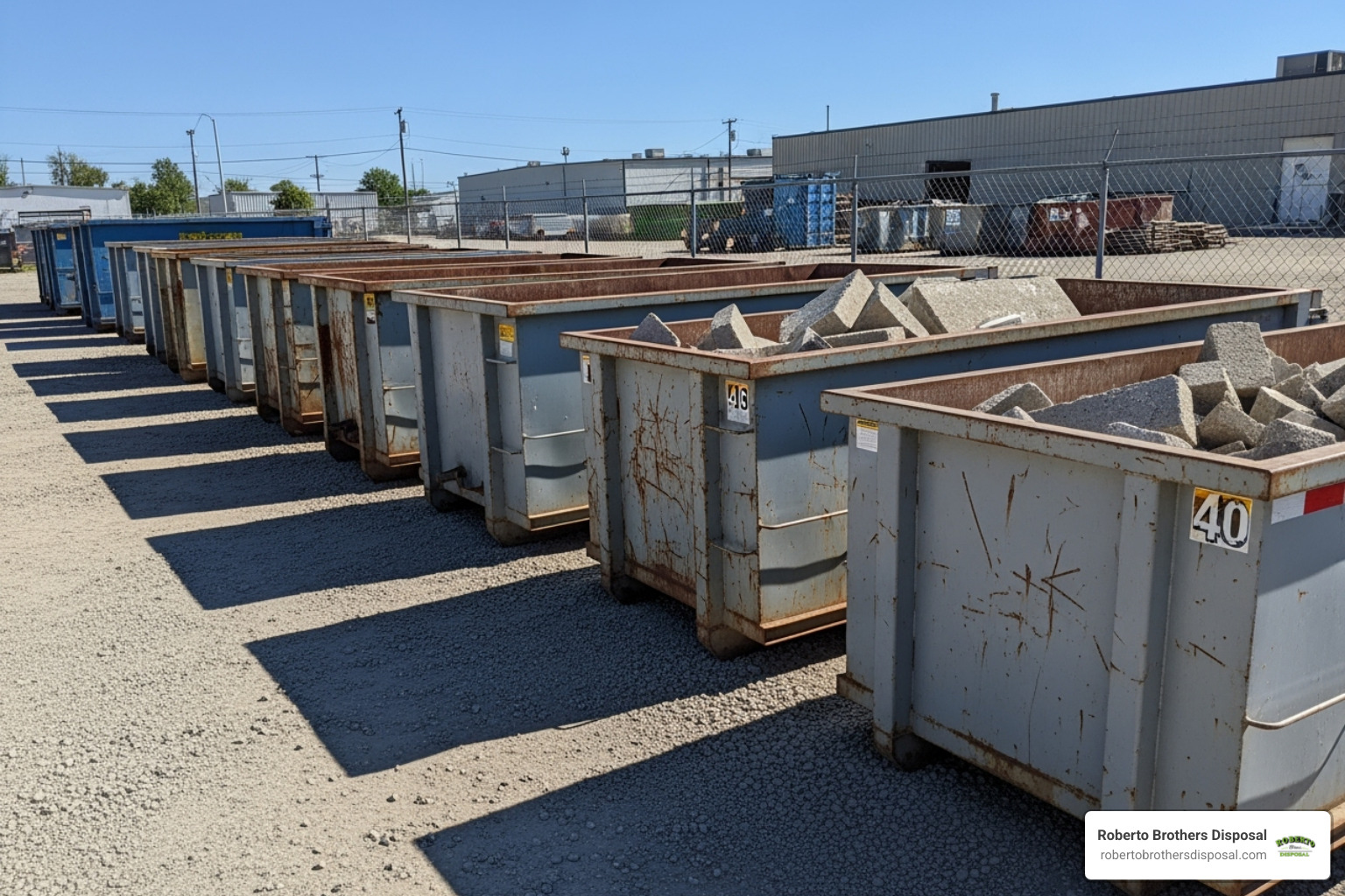 various dumpster sizes lined up for comparison - dumpster companies in my area