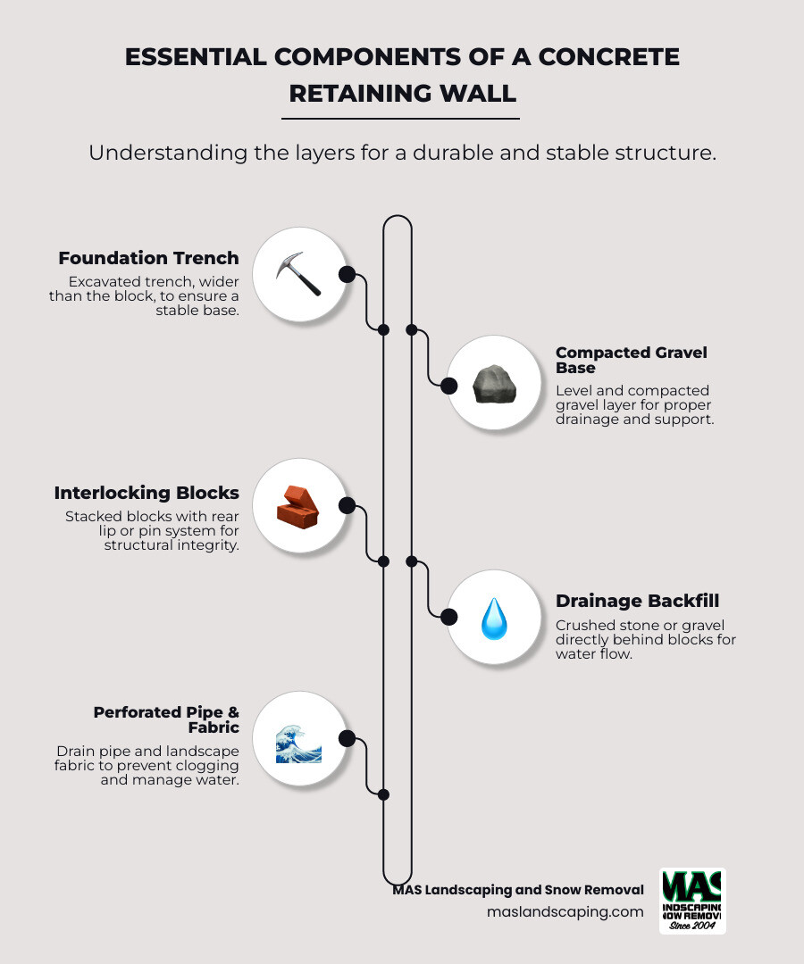 Infographic showing the essential components of a concrete retaining wall system including excavated foundation trench, compacted gravel base layer, interlocking concrete blocks with rear lip system, drainage gravel backfill, perforated drainage pipe, and landscape fabric - concrete retaining wall block infographic infographic-line-5-steps-neat_beige Infographic showing the essential components of a concrete retaining wall system including excavated foundation trench, compacted gravel base layer, interlocking concrete blocks with rear lip system, drainage gravel backfill, perforated drainage pipe, and landscape fabric - concrete retaining wall block infographic infographic-line-5-steps-neat_beige