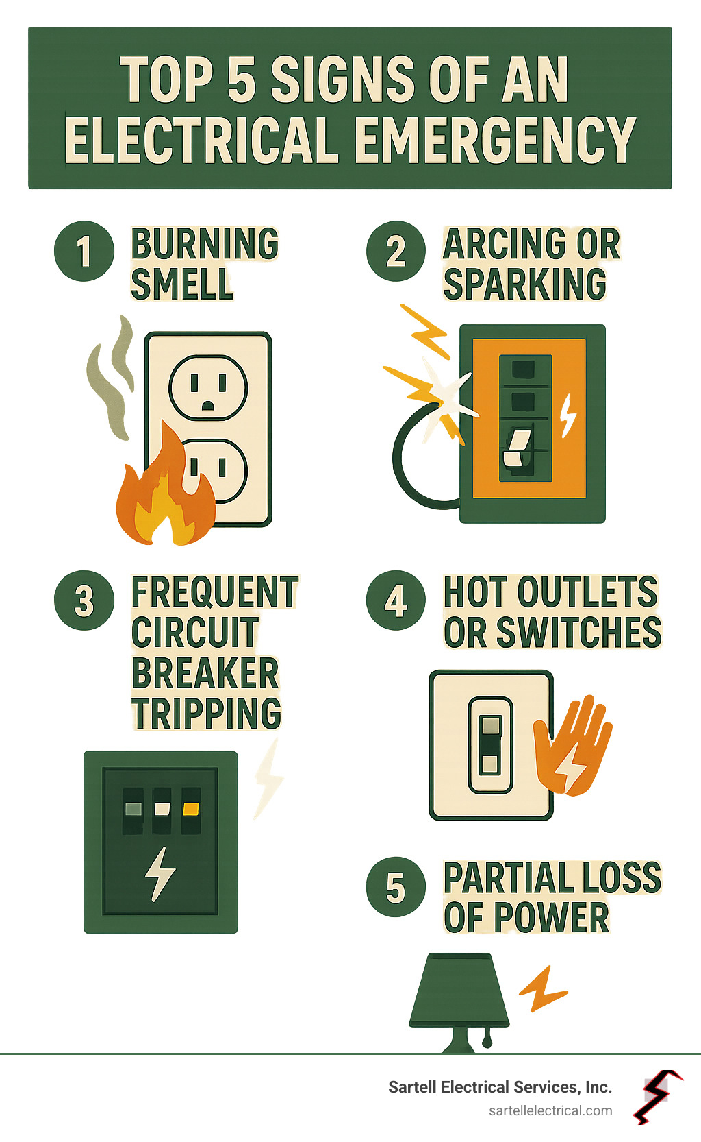 Top 5 signs of an electrical emergency - emergency electrical service near me infographic 