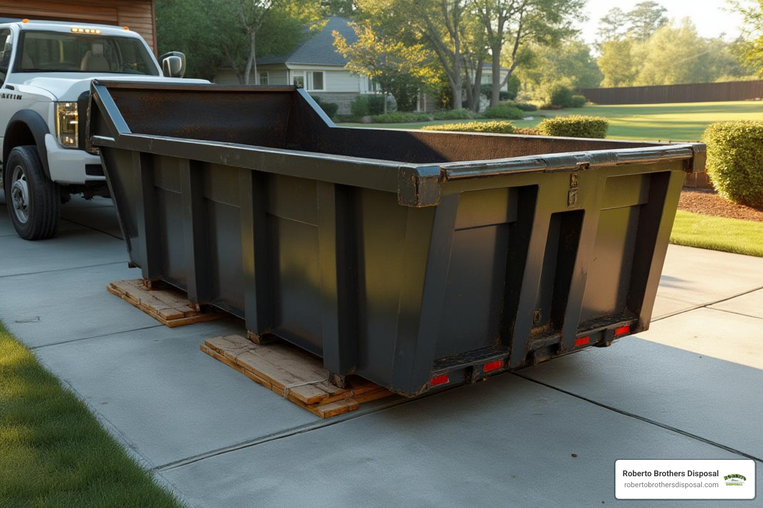 dumpster being carefully placed on a driveway with protective wood planks underneath - dumpster companies in my area
