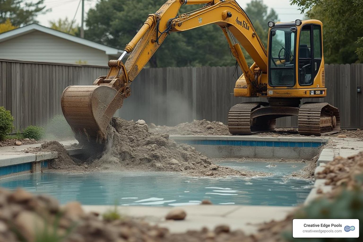 excavator with a jackhammer attachment breaking up a concrete pool - pool removal process