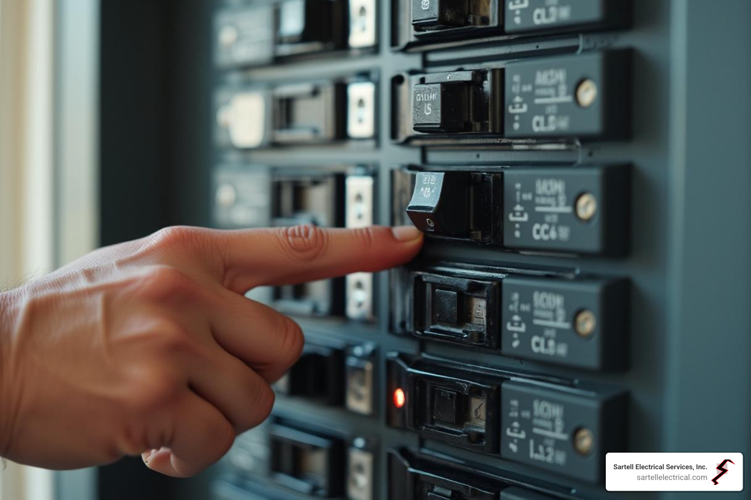 home's main circuit breaker panel with hand pointing to main switch - emergency electrical service near me