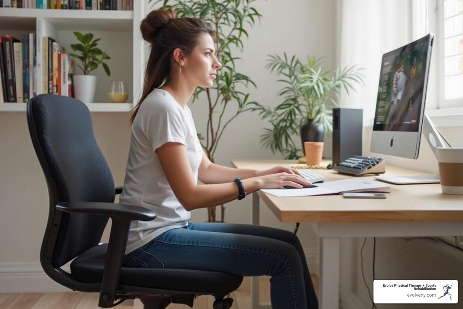 Image illustrating the correct distance and height for a monitor and neutral wrist position for keyboard/mouse - home office ergonomics