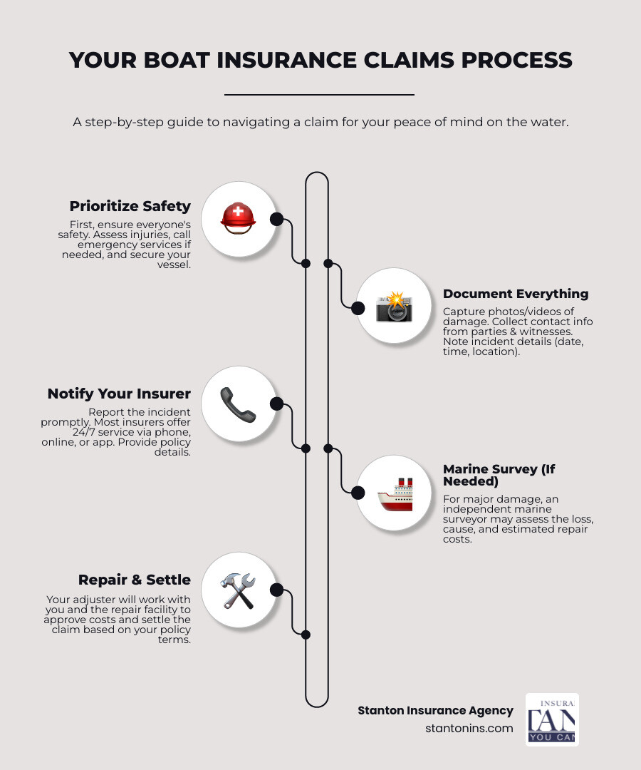 Infographic showing a boat owner happily enjoying their boat with text overlay: "Peace of Mind on the Water - Protected by Stanton Insurance Agency" - boat insurance quotes infographic infographic-line-5-steps-neat_beige