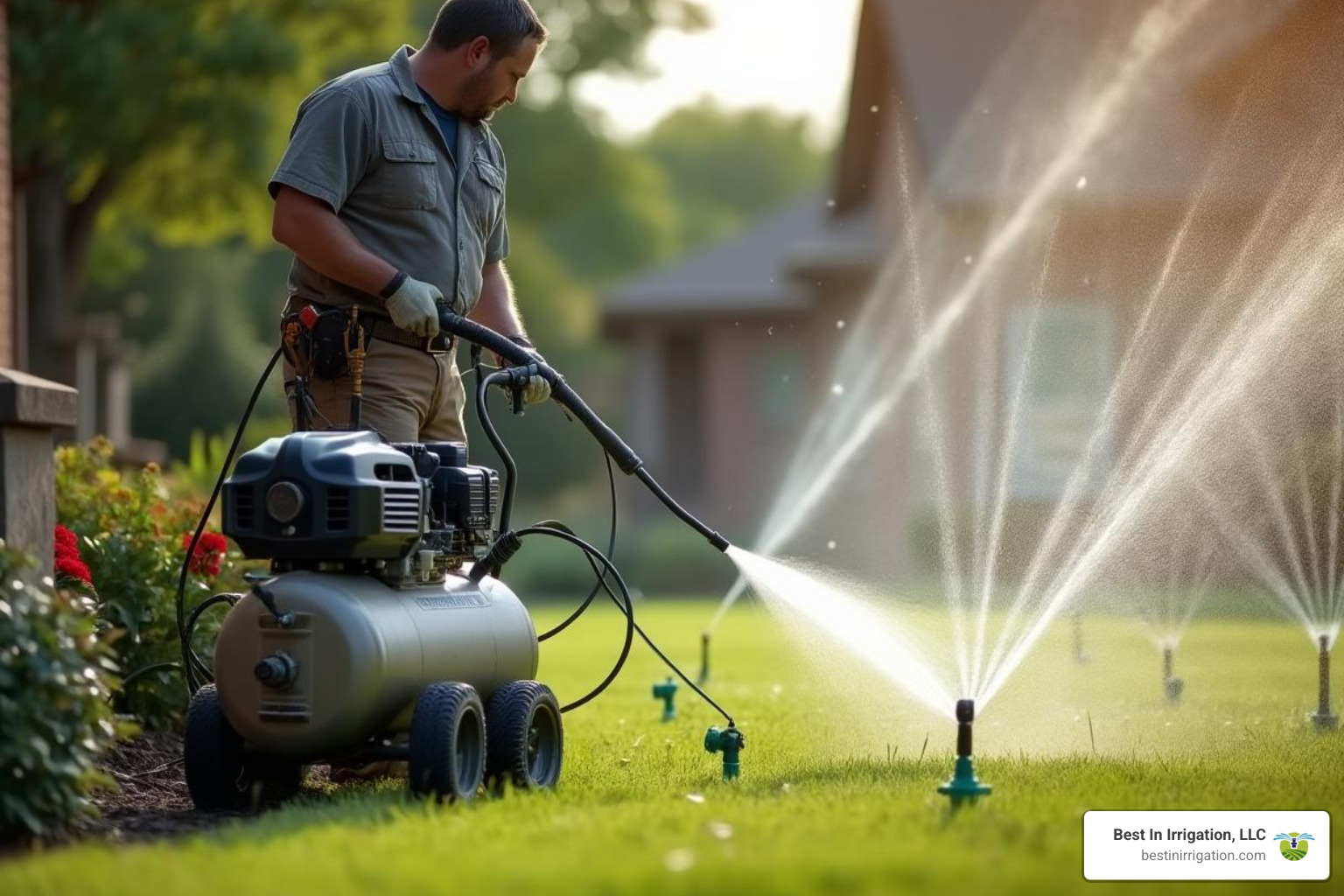 Best In Irrigation, LLC technician using a large, professional-grade compressor on a residential automatic inground system - blow out my sprinklers