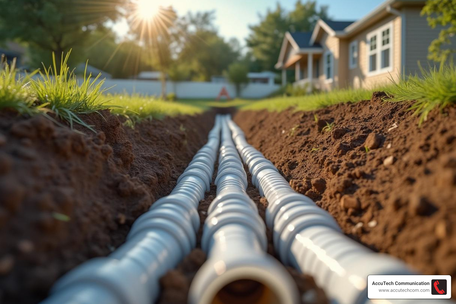PVC conduit being laid in a trench, showing sections connected together - bury ethernet cable PVC conduit being laid in a trench, showing sections connected together - bury ethernet cable