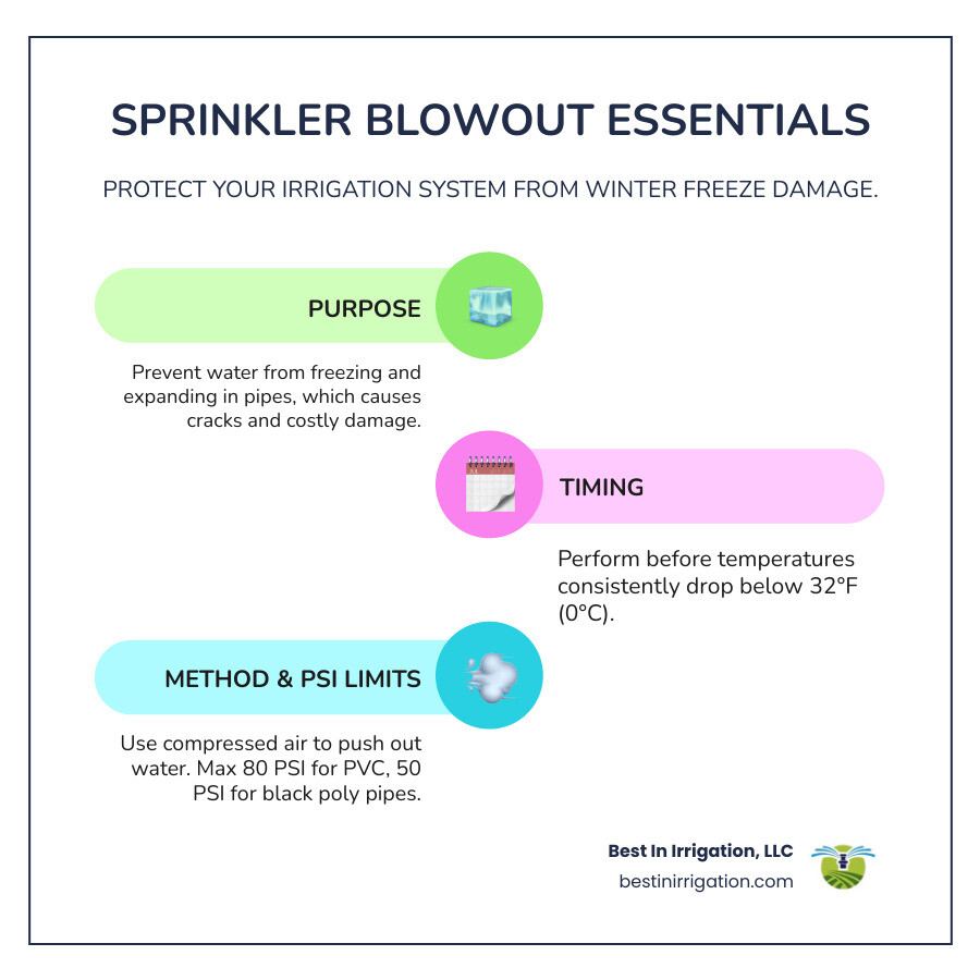 Infographic explaining the purpose, timing, and PSI limits for blowing out residential sprinkler systems - blow out my sprinklers infographic infographic-line-3-steps-colors