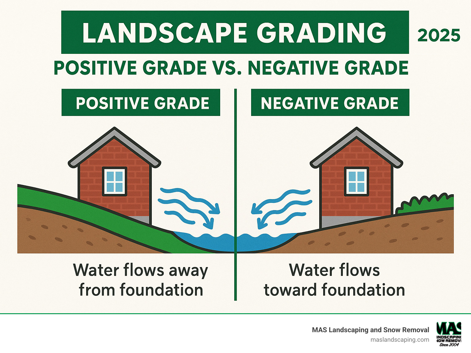 Infographic explaining the difference between a positive grade (water flows away from the foundation) and a negative grade (water flows toward the foundation). - landscape grading services near me infographic 