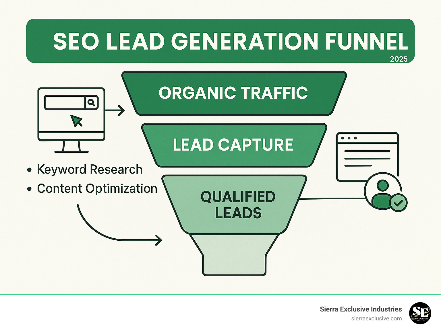 Infographic detailing the SEO lead generation funnel, showing steps from organic traffic acquisition through keyword research and content optimization, to lead capture via optimized landing pages and conversion into qualified leads. - inexpensive seo lead generation services infographic 