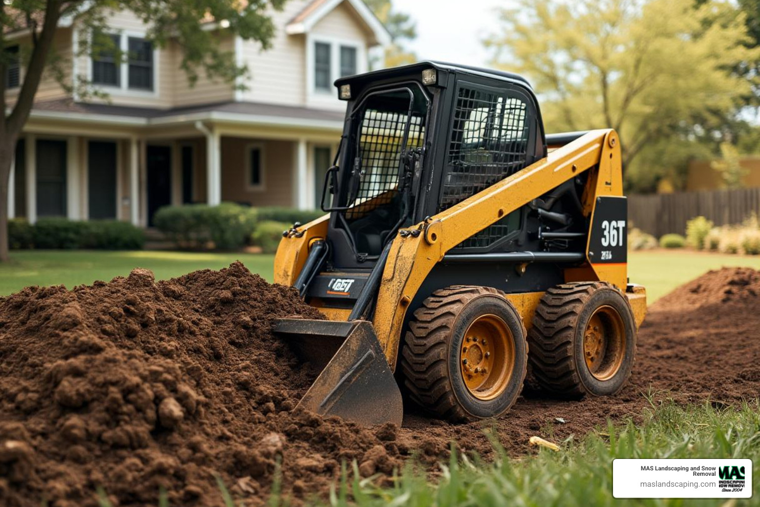 skid-steer loader moving earth on a residential property - landscape grading services near me