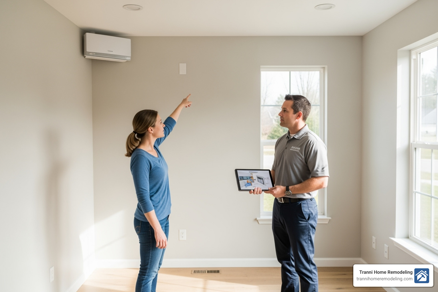 A homeowner stands in a bright room, pointing to a wall where an indoor ductless mini-split unit might be placed, consulting with a professional holding a tablet. - ductless air conditioning system installation