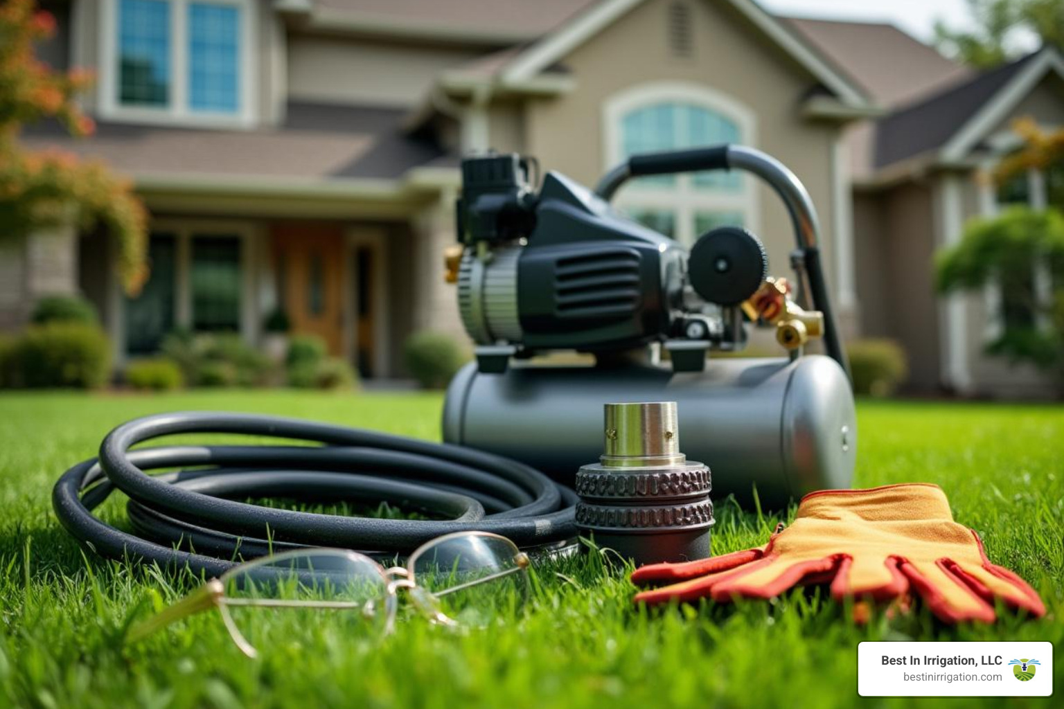 Tools needed for a sprinkler blowout laid out on a residential lawn - blow out my sprinklers