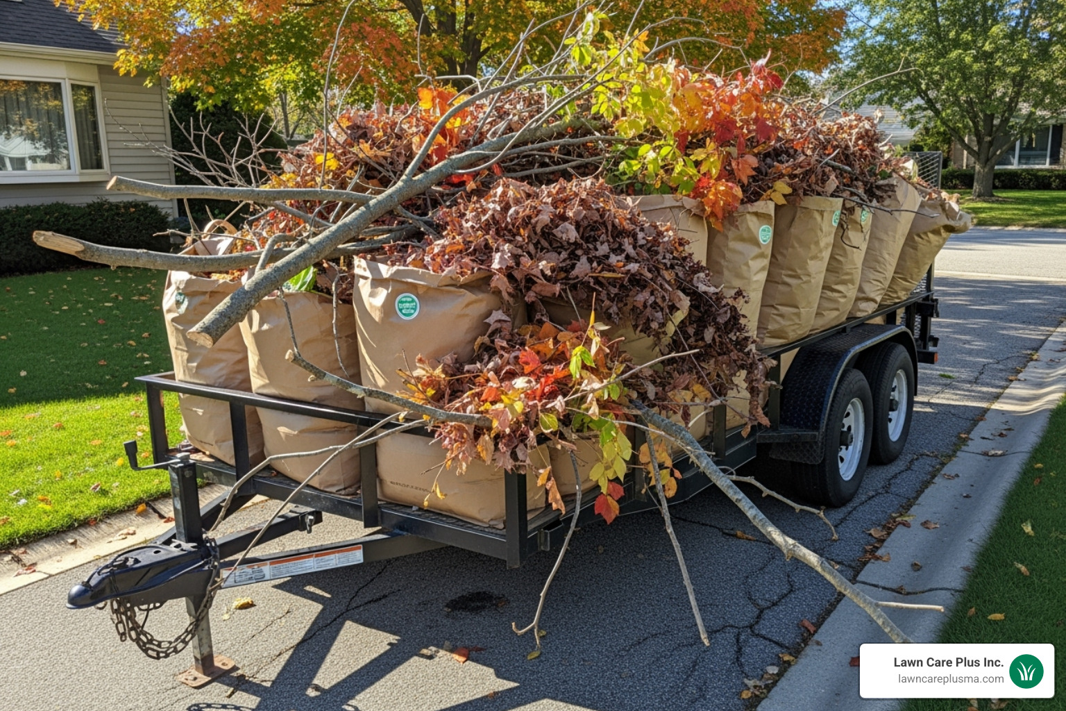 Trailer filled with yard waste bags and branches - fall yard clean up cost