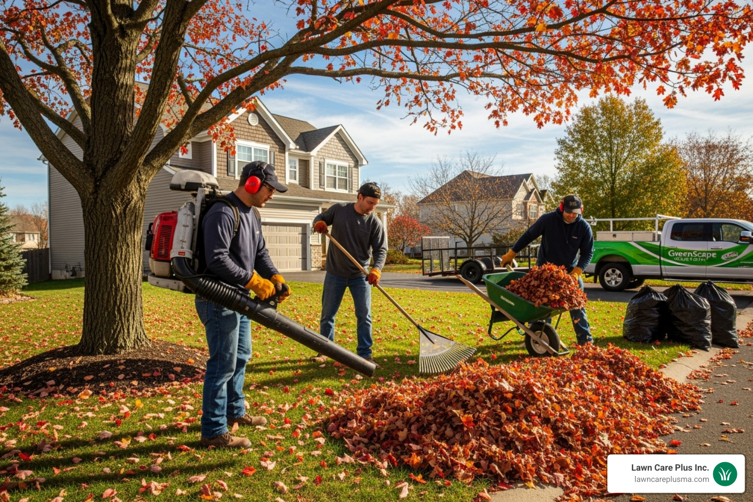Landscaping crew using leaf blowers and rakes for fall cleanup - fall yard clean up cost
