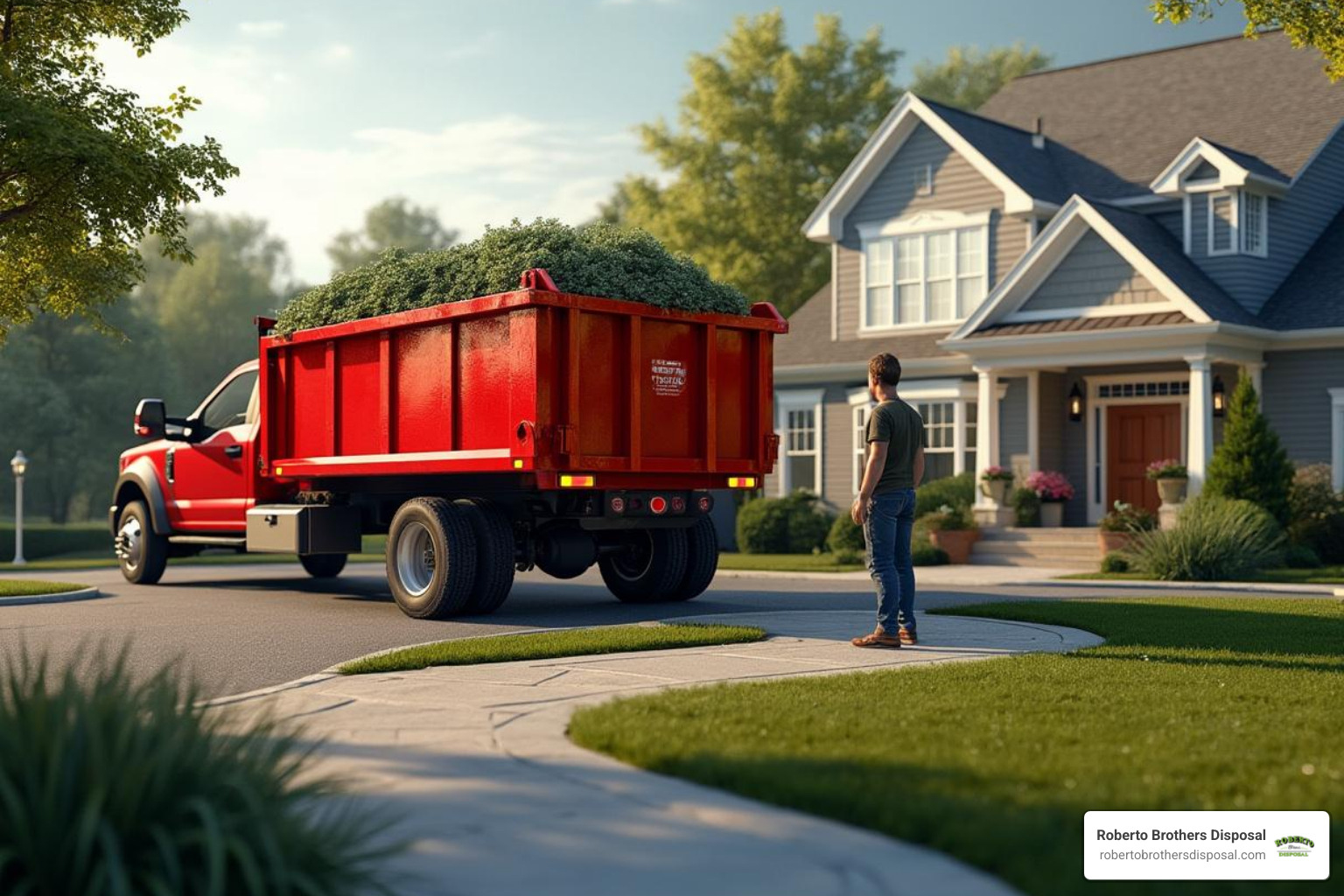 15-yard dumpster being delivered for a residential yard project - yard waste dumpster cost