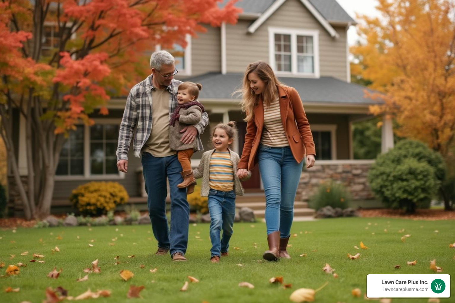 Family enjoying their clean yard in autumn - fall yard clean up cost