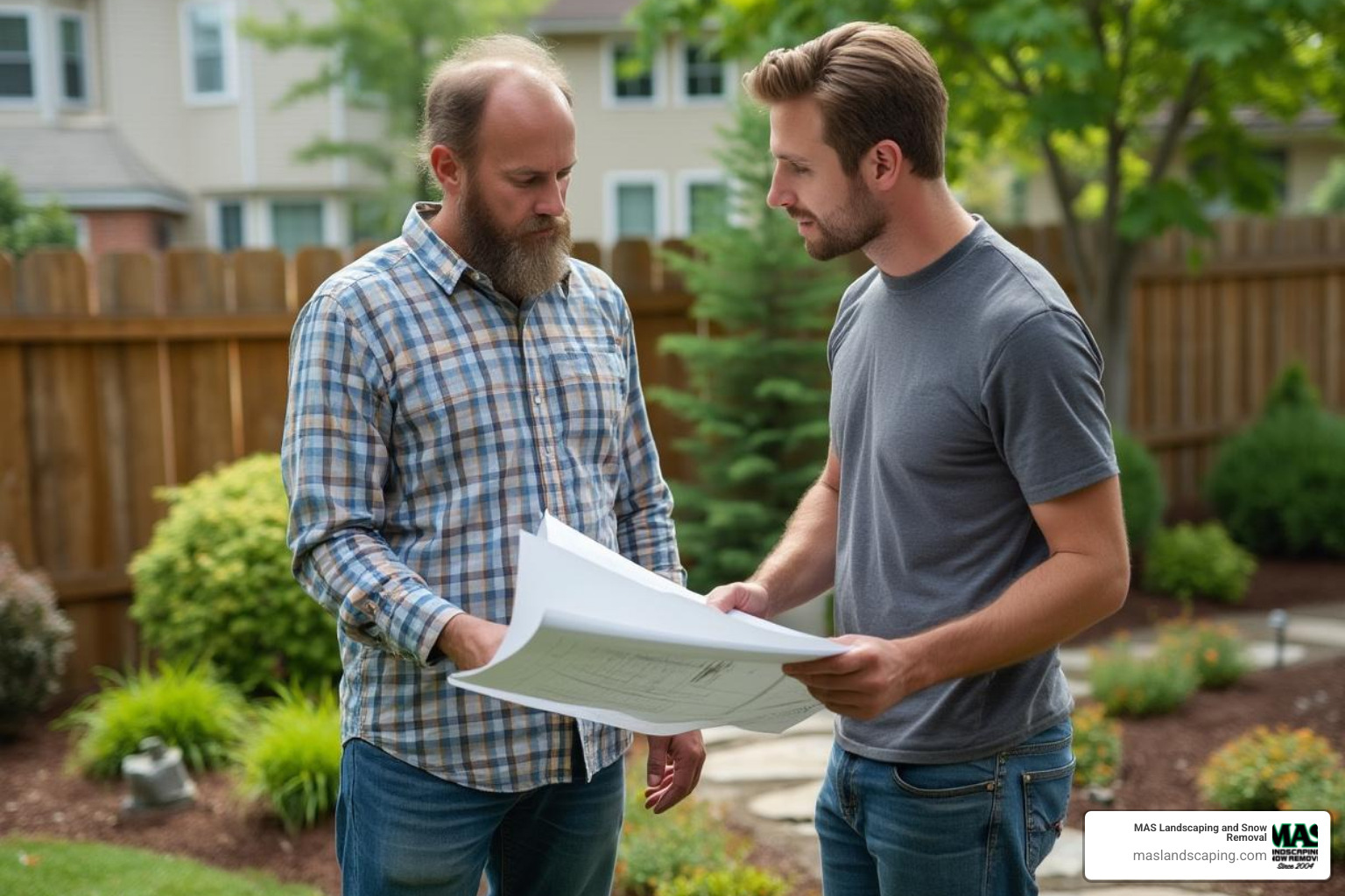 professional landscaper discussing plans with a homeowner - landscape grading services near me