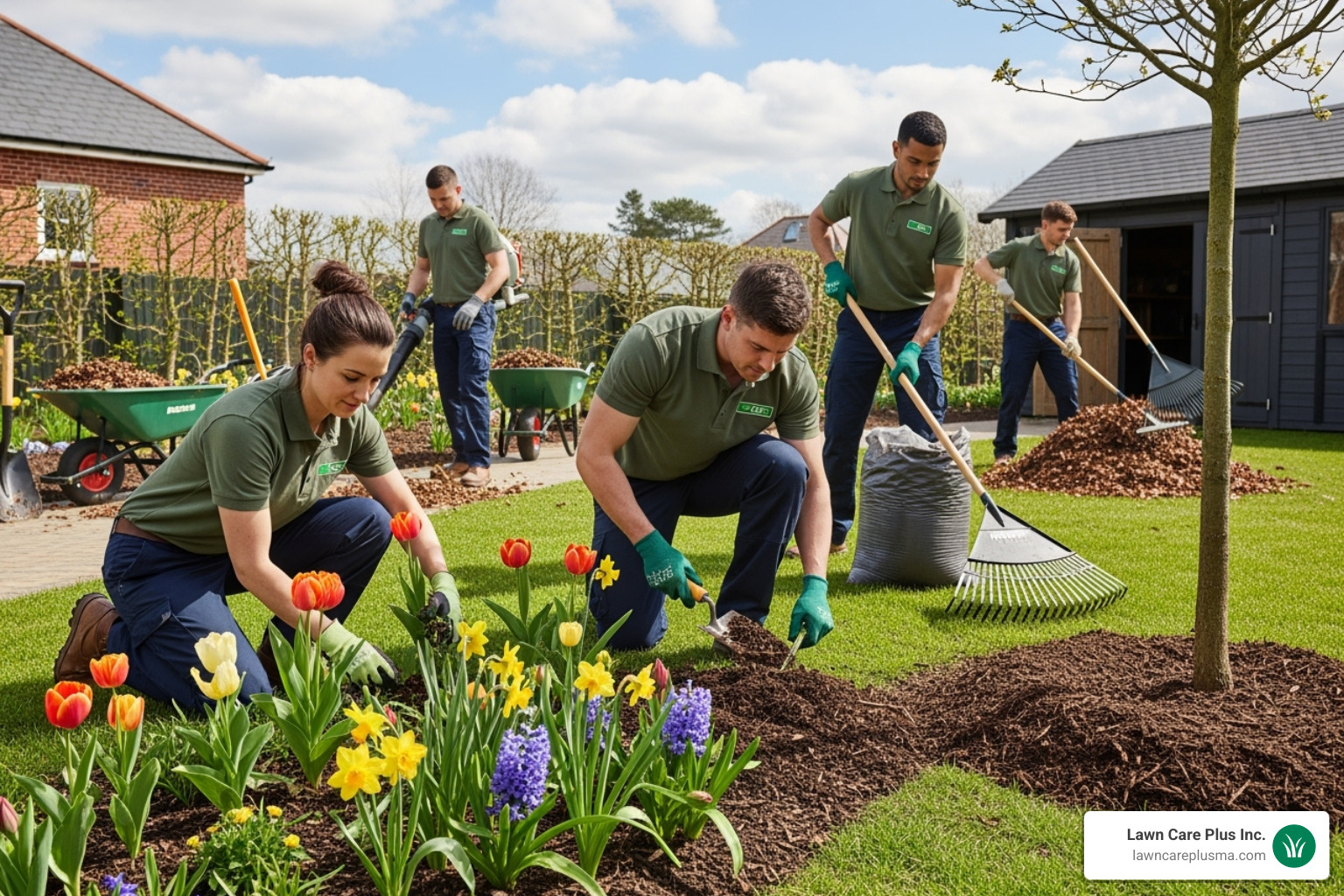 Image of a team performing a spring yard cleanup with flower beds and mulching - yard care services Image of a team performing a spring yard cleanup with flower beds and mulching - yard care services