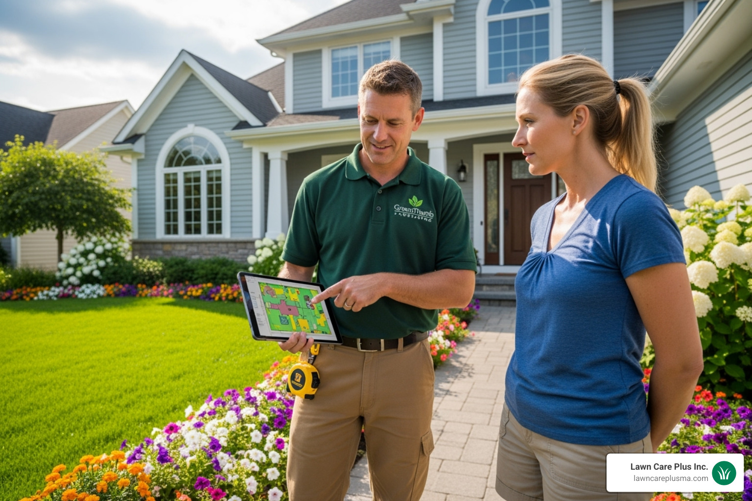 Image of a professional landscaper discussing a plan with a homeowner - yard care services Image of a professional landscaper discussing a plan with a homeowner - yard care services
