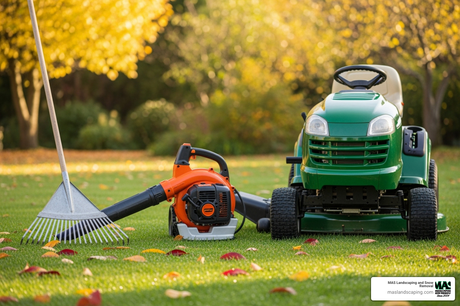 various fall cleanup tools like a rake, leaf blower, and mower lined up on a lawn - lawn care fall clean up various fall cleanup tools like a rake, leaf blower, and mower lined up on a lawn - lawn care fall clean up