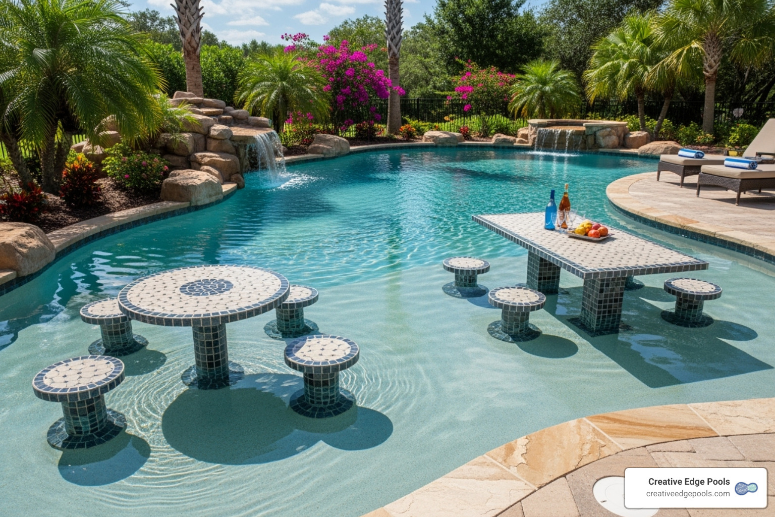 Various in-pool table styles, including a cocktail table on a sun shelf and a larger dining table with stools - removable table kit for swimming pool
