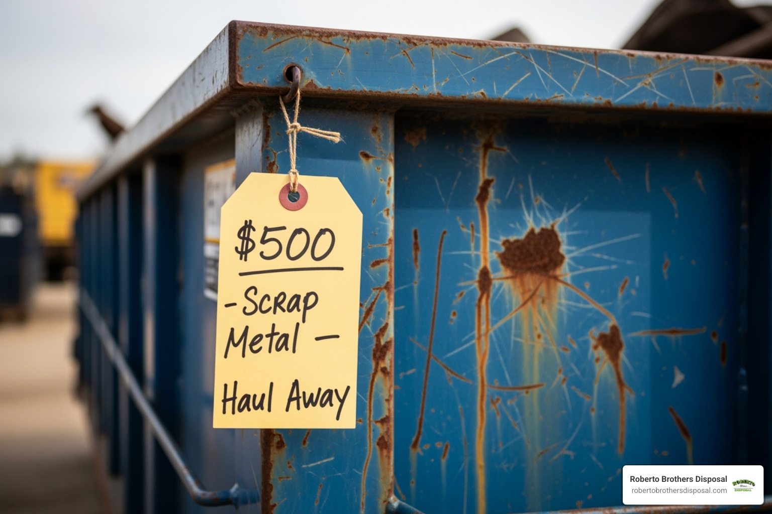 price tag hanging off a dumpster - yard waste dumpster cost