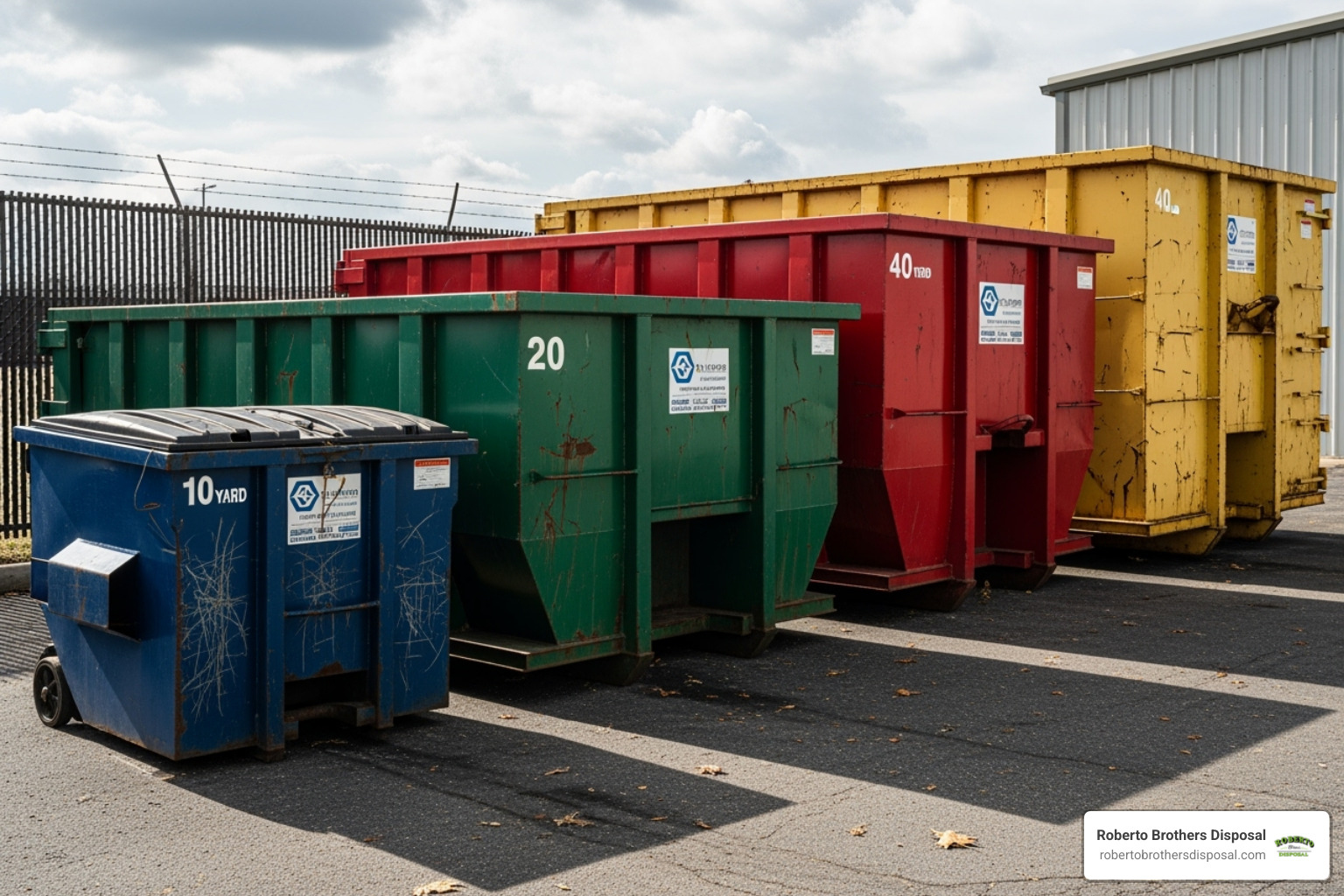 different sizes of roll-off dumpsters side-by-side - yard waste dumpster cost