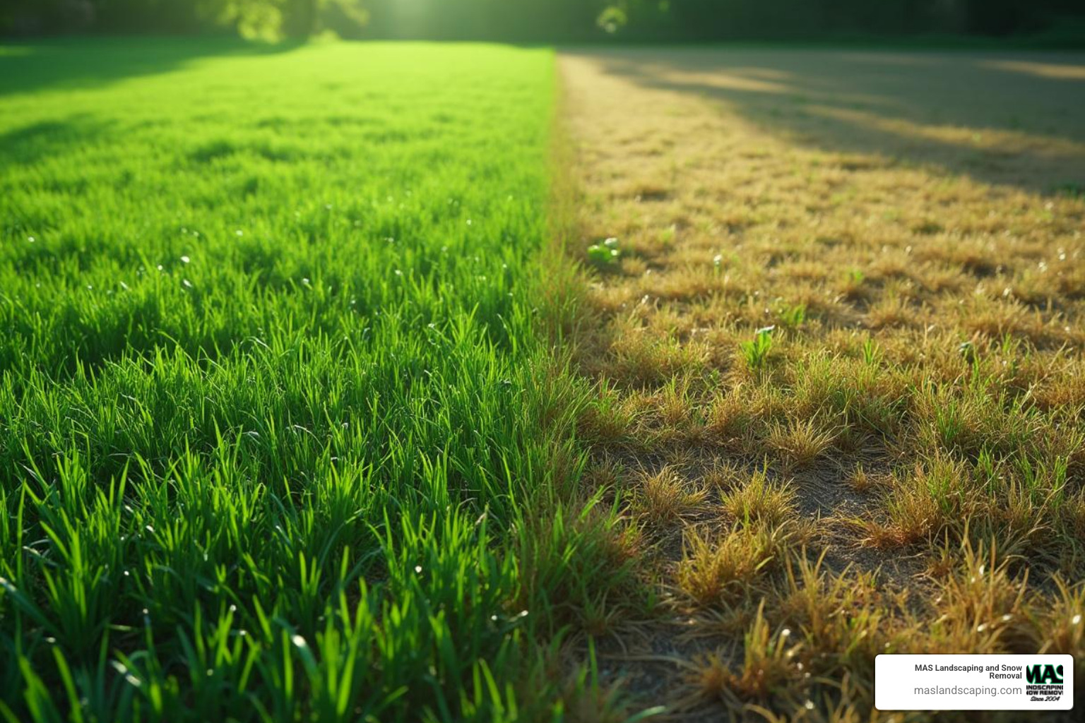 healthy, green lawn contrasted with a neglected, patchy lawn - lawn care fall clean up healthy, green lawn contrasted with a neglected, patchy lawn - lawn care fall clean up