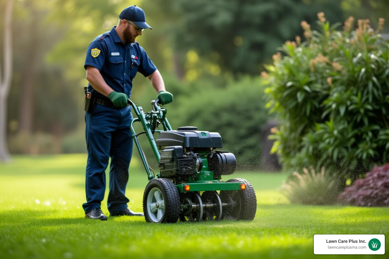 Image of a uniformed professional using specialized aeration equipment - yard care services Image of a uniformed professional using specialized aeration equipment - yard care services