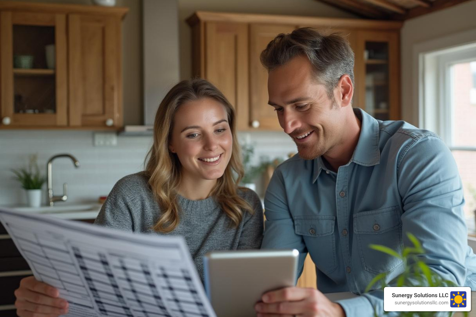 Friendly solar consultant explaining a solar plan to a homeowner - solar panel cost ri Friendly solar consultant explaining a solar plan to a homeowner - solar panel cost ri