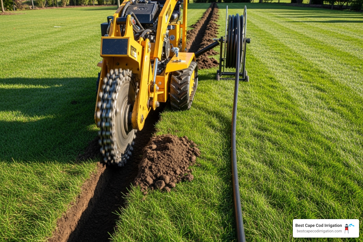 A trenching machine in action, digging a neat trench across a lawn, with a pipe being laid into it. - irrigation pipe installation