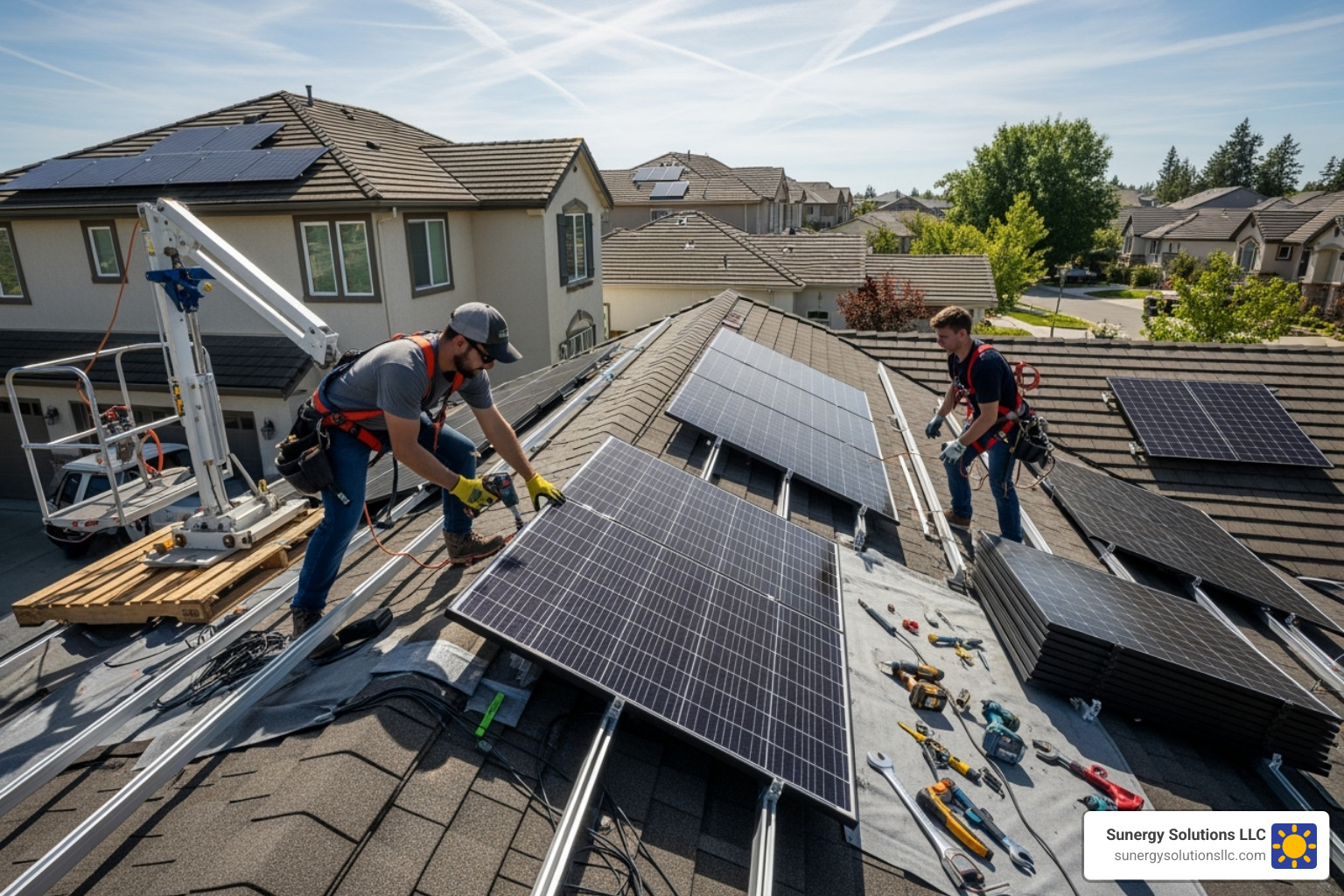 Solar installation team working on a residential roof - solar panel cost ri Solar installation team working on a residential roof - solar panel cost ri