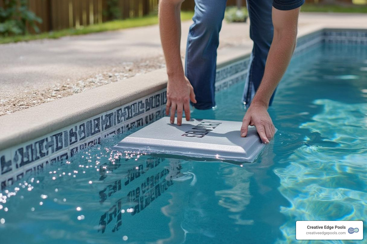 Person easily placing a weighted table base into a pool - removable table kit for swimming pool