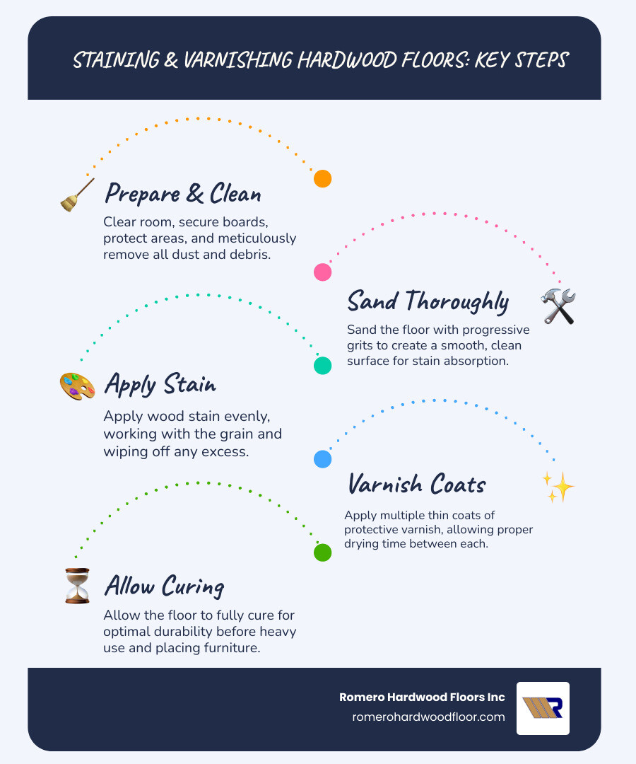 Infographic showing 6 key stages: Preparation, Sanding, Cleaning, Staining, Varnishing, and Curing, with icons representing each step. - how to stain and varnish hardwood floors infographic infographic-line-5-steps-blues-accent_colors