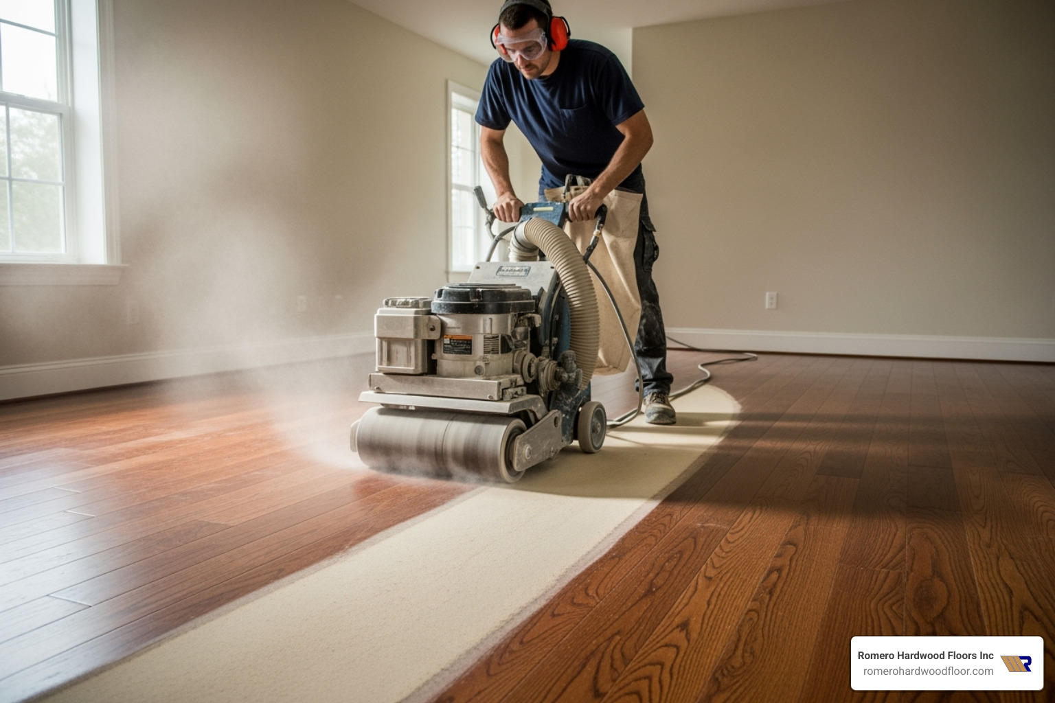 Image of a person using a drum sander on a hardwood floor - how to stain and varnish hardwood floors