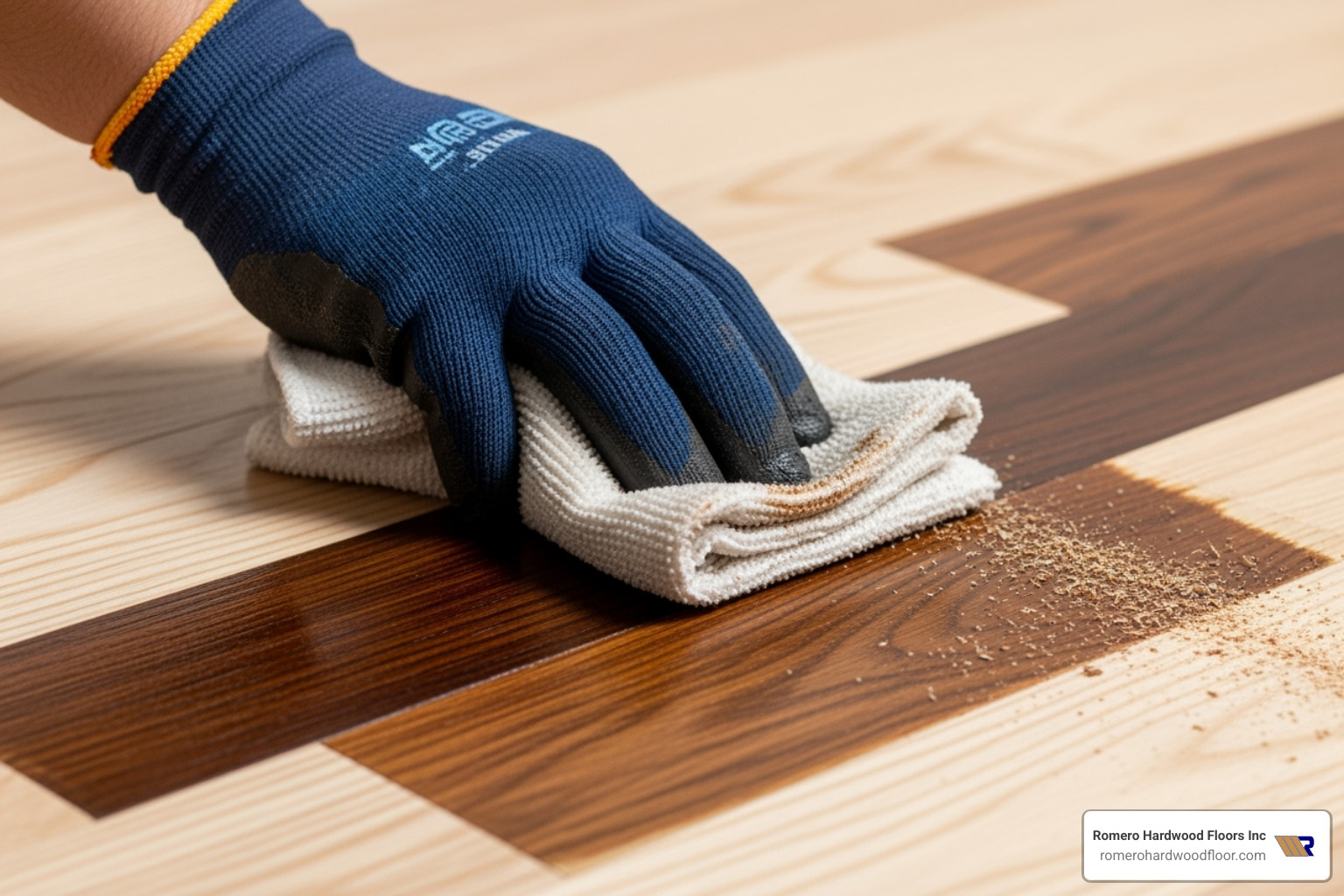 Image of a rich wood stain being wiped onto a floor with a clean rag - how to stain and varnish hardwood floors