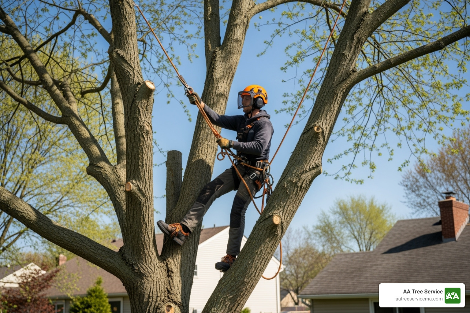 image of an arborist safely working in a tree - local tree pruning image of an arborist safely working in a tree - local tree pruning
