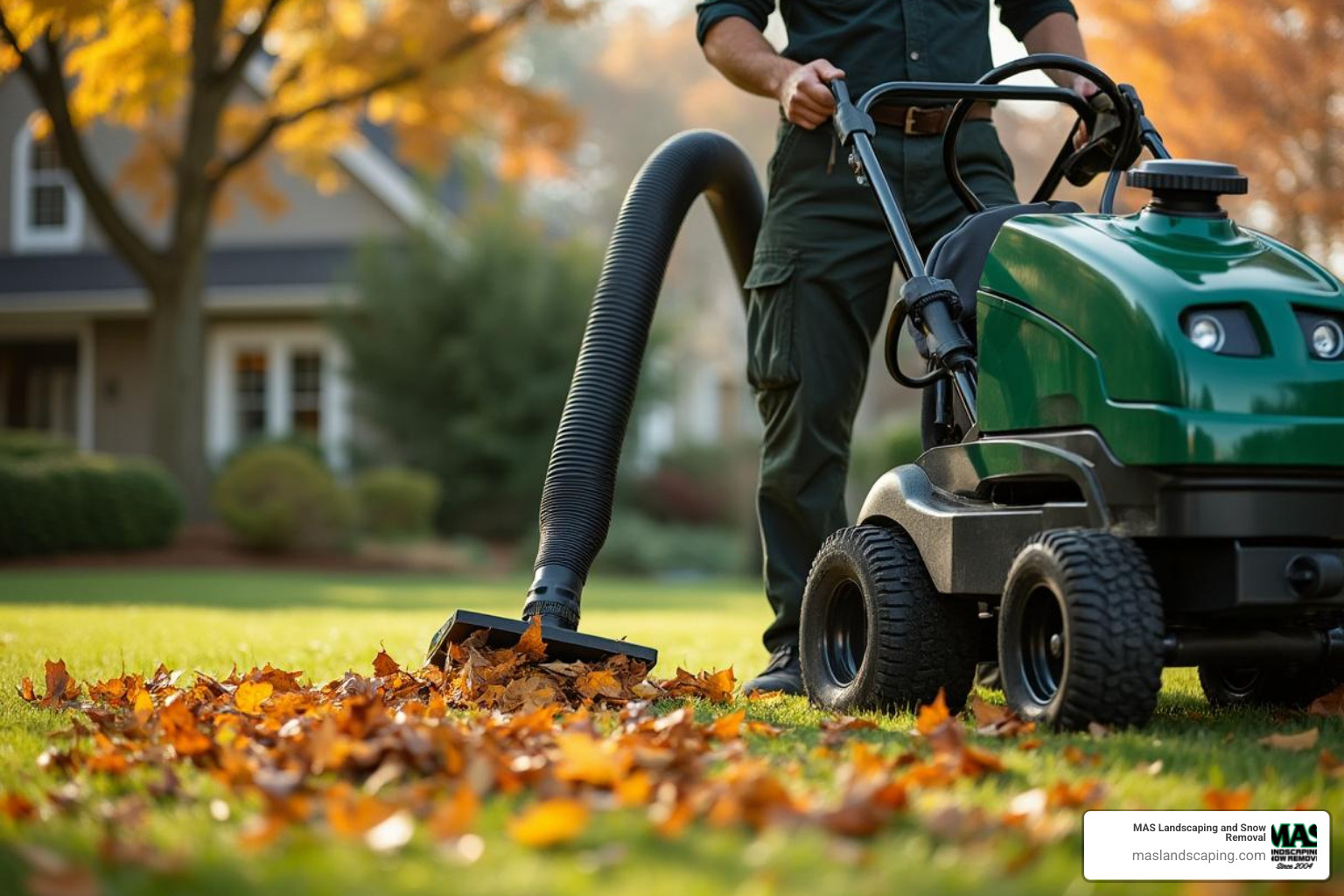professional landscaper using a commercial-grade leaf vacuum - lawn care fall clean up professional landscaper using a commercial-grade leaf vacuum - lawn care fall clean up