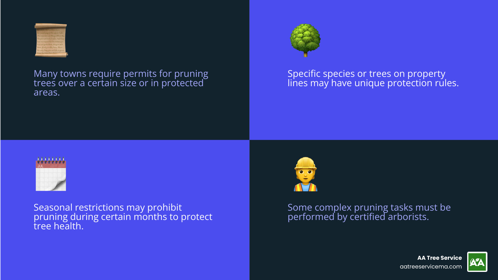 Comprehensive infographic showing local tree pruning regulations including permit requirements by tree size, protected species identification, seasonal restrictions calendar, property line considerations, and steps for compliance in Massachusetts and New Hampshire municipalities - local tree pruning infographic 4_facts_emoji_blue Comprehensive infographic showing local tree pruning regulations including permit requirements by tree size, protected species identification, seasonal restrictions calendar, property line considerations, and steps for compliance in Massachusetts and New Hampshire municipalities - local tree pruning infographic 4_facts_emoji_blue