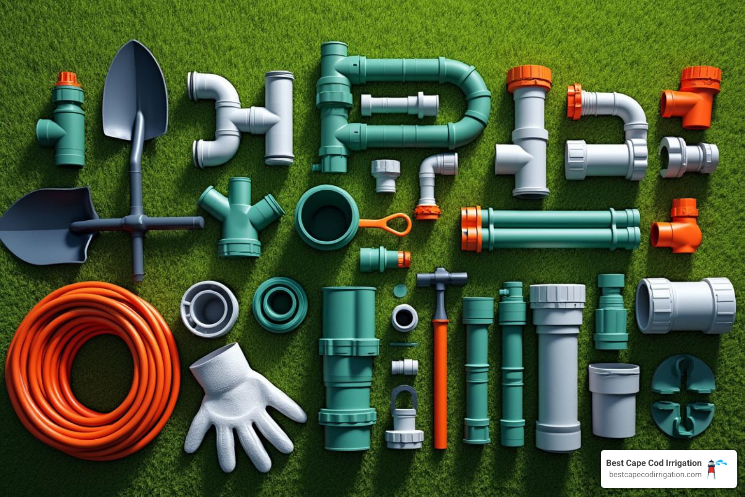 All necessary tools and materials for irrigation pipe installation laid out on a lawn. - irrigation pipe installation