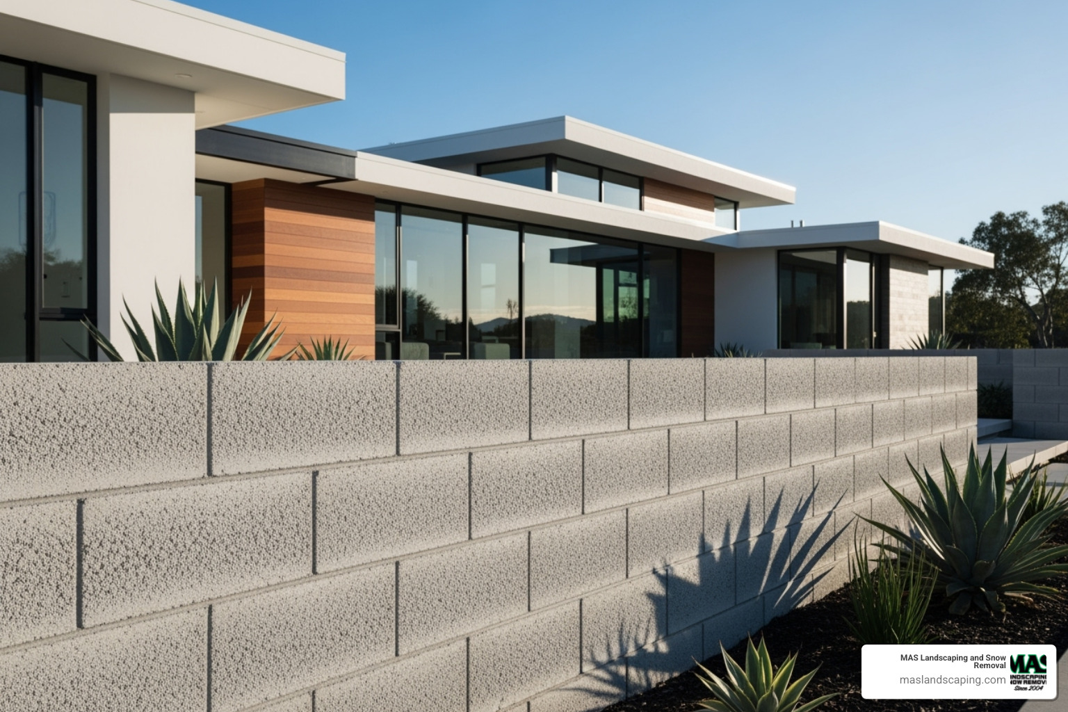 modern home with ground-face block privacy wall - block walls