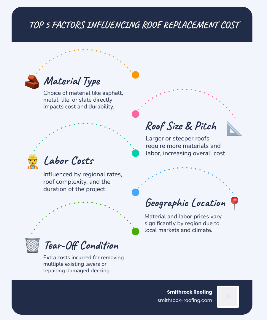 Infographic showing the top 5 factors that influence roof replacement cost: 1. Material Type (e.g., asphalt, metal, tile, slate) with cost ranges. 2. Roof Size & Pitch (larger or steeper roofs cost more). 3. Labor Costs (influenced by regional rates and complexity). 4. Geographic Location (varying material and labor prices by region). 5. Tear-Off Condition (extra costs for multiple layers or damaged decking). Each factor is represented by an icon and a brief description. - roof replacement cost 2500 sq ft infographic infographic-line-5-steps-blues-accent_colors