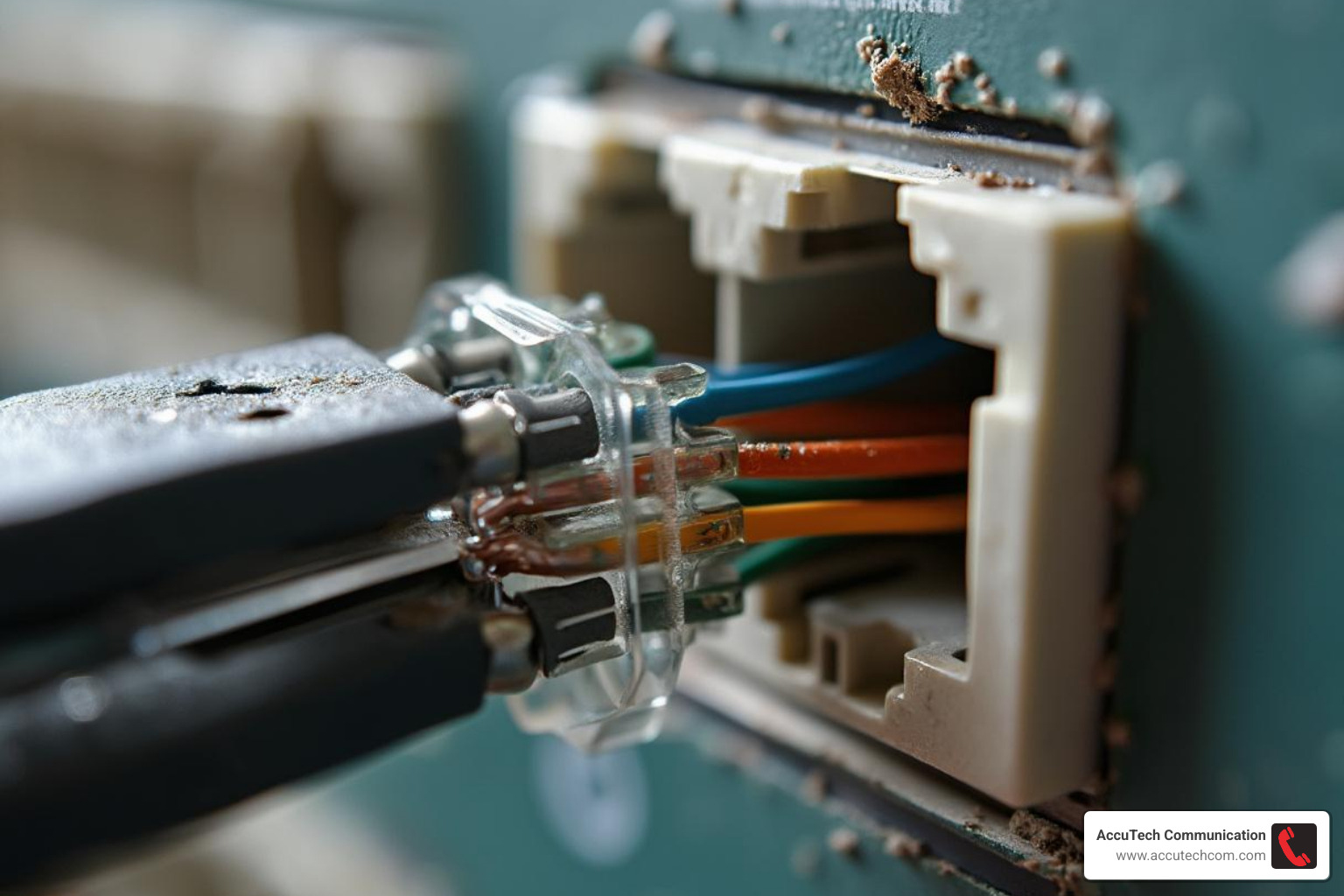 close-up of a keystone jack being terminated with a punch-down tool - wall mount conduit box for network cable