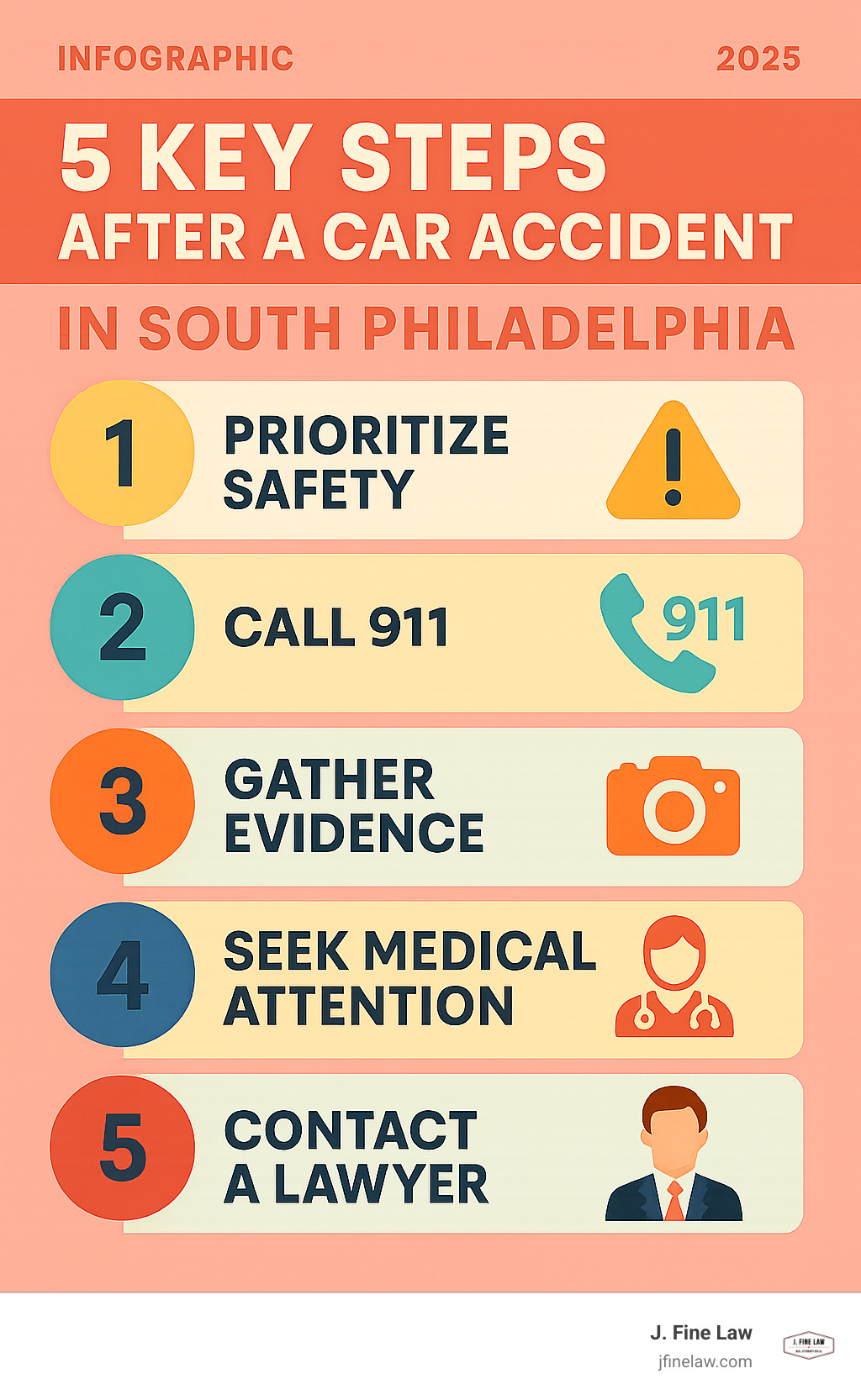 Infografía: 5 pasos clave después de un accidente automovilístico en el sur de Filadelfia - Infografía del abogado de accidentes automovilísticos del sur de Filadelfia  