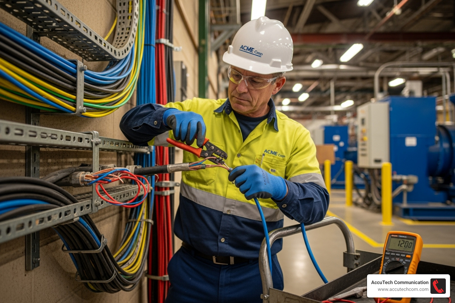 An image showing a technician wearing essential Personal Protective Equipment (PPE) for cable installation, including a hard hat, safety glasses, gloves, and high-visibility clothing. - lv cable installation