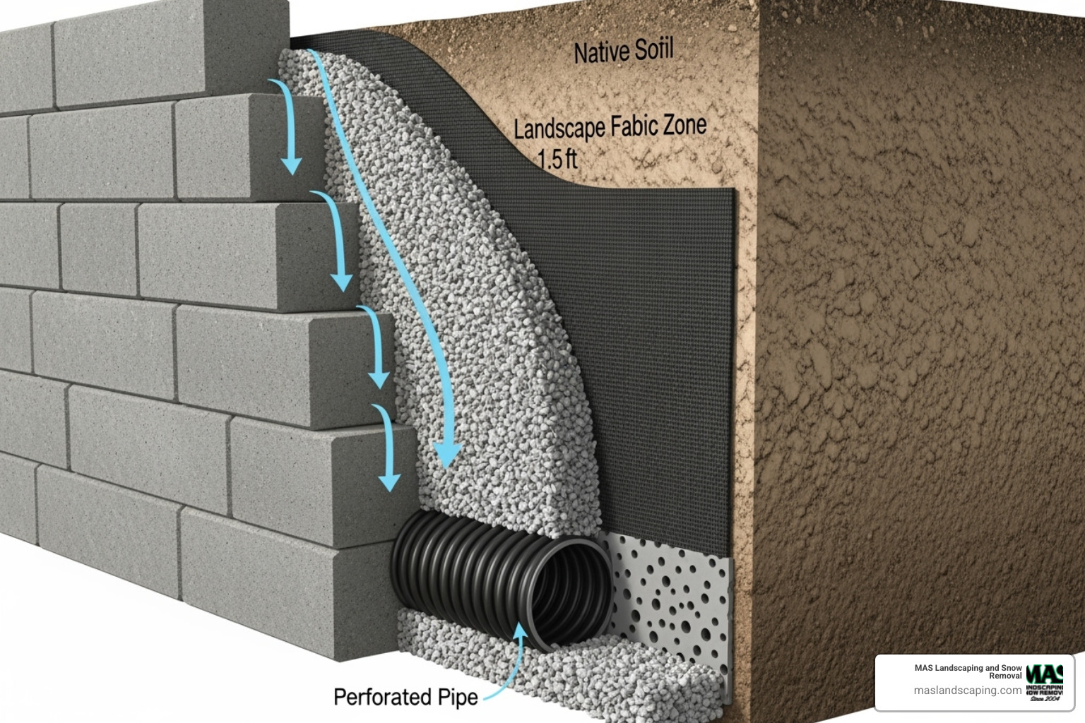 cutaway view of drain pipe and gravel backfill - block walls